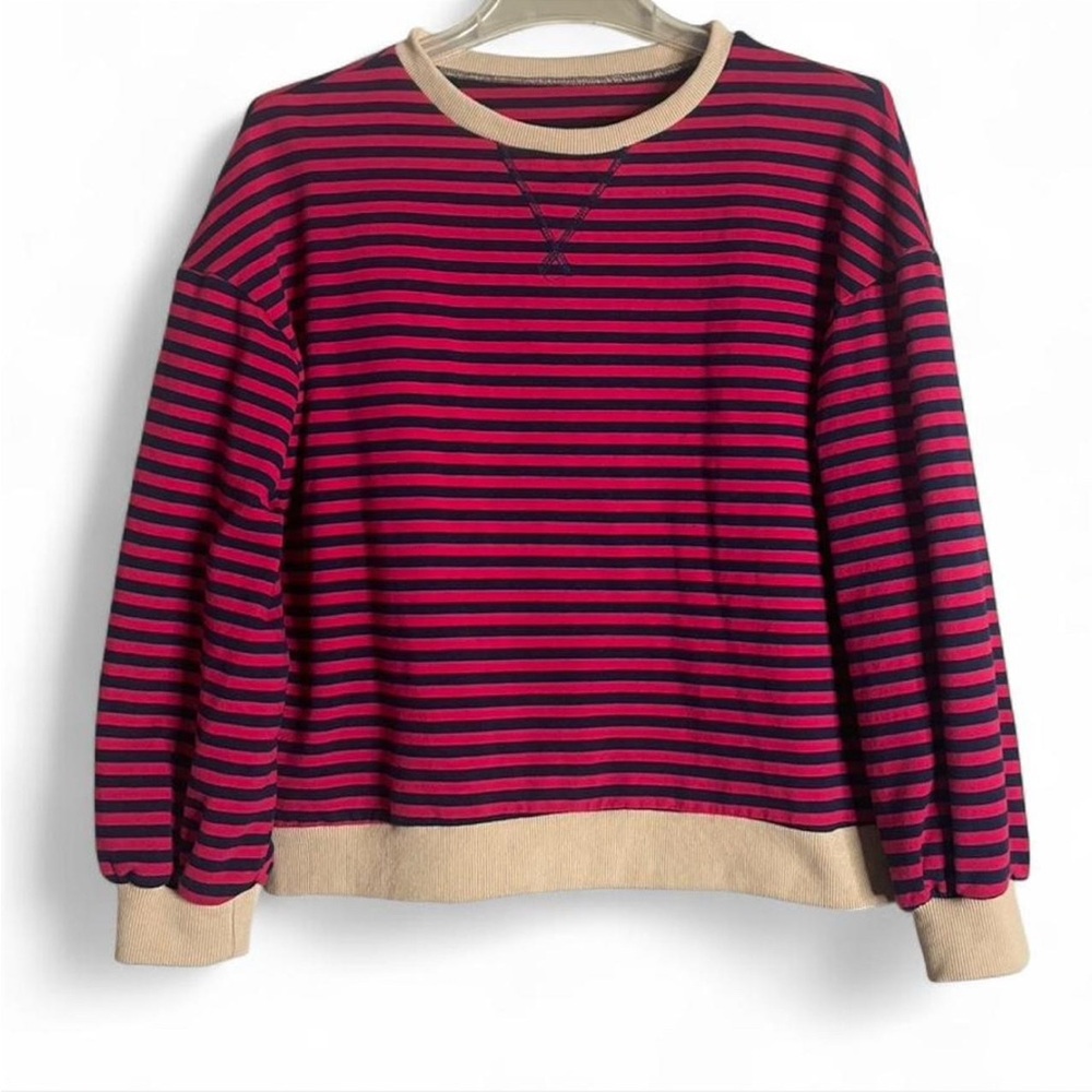 Red and Navy Striped Pullover Crewneck Sweatshirt